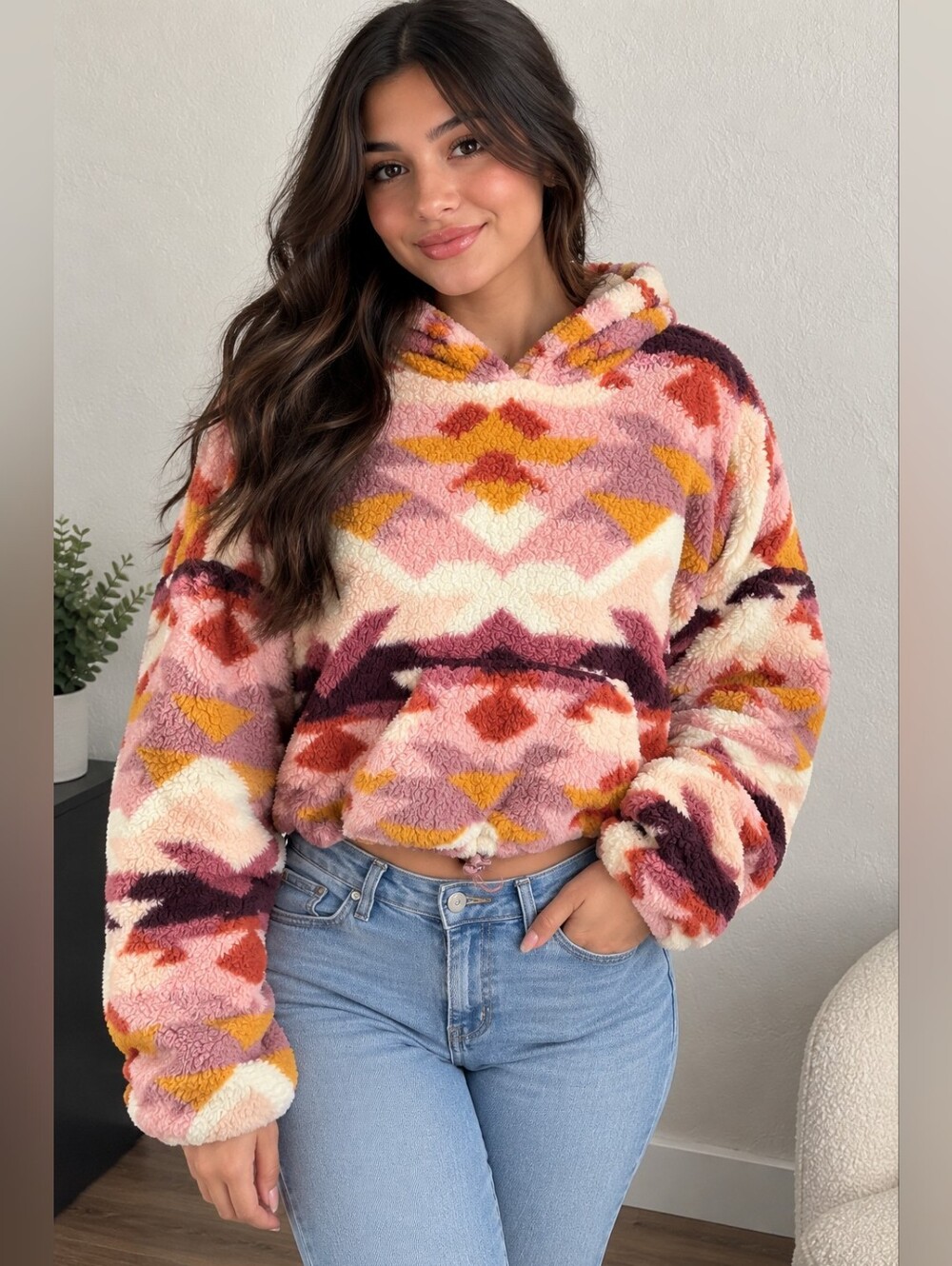 Aeropostale Pink Multi Plush Patterned Hooded Pullover